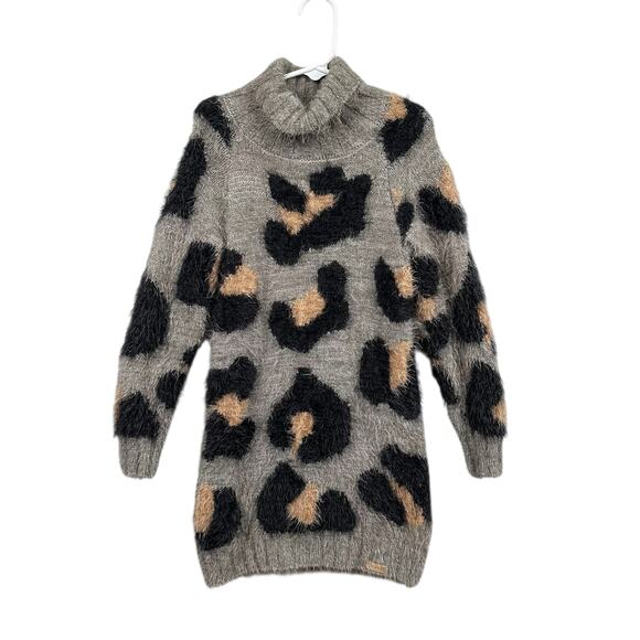 Boboli Sweater Dress Girls Size 6 Gray Shag Animal Print Turtleneck Soft Stretch - Picture 1 of 10